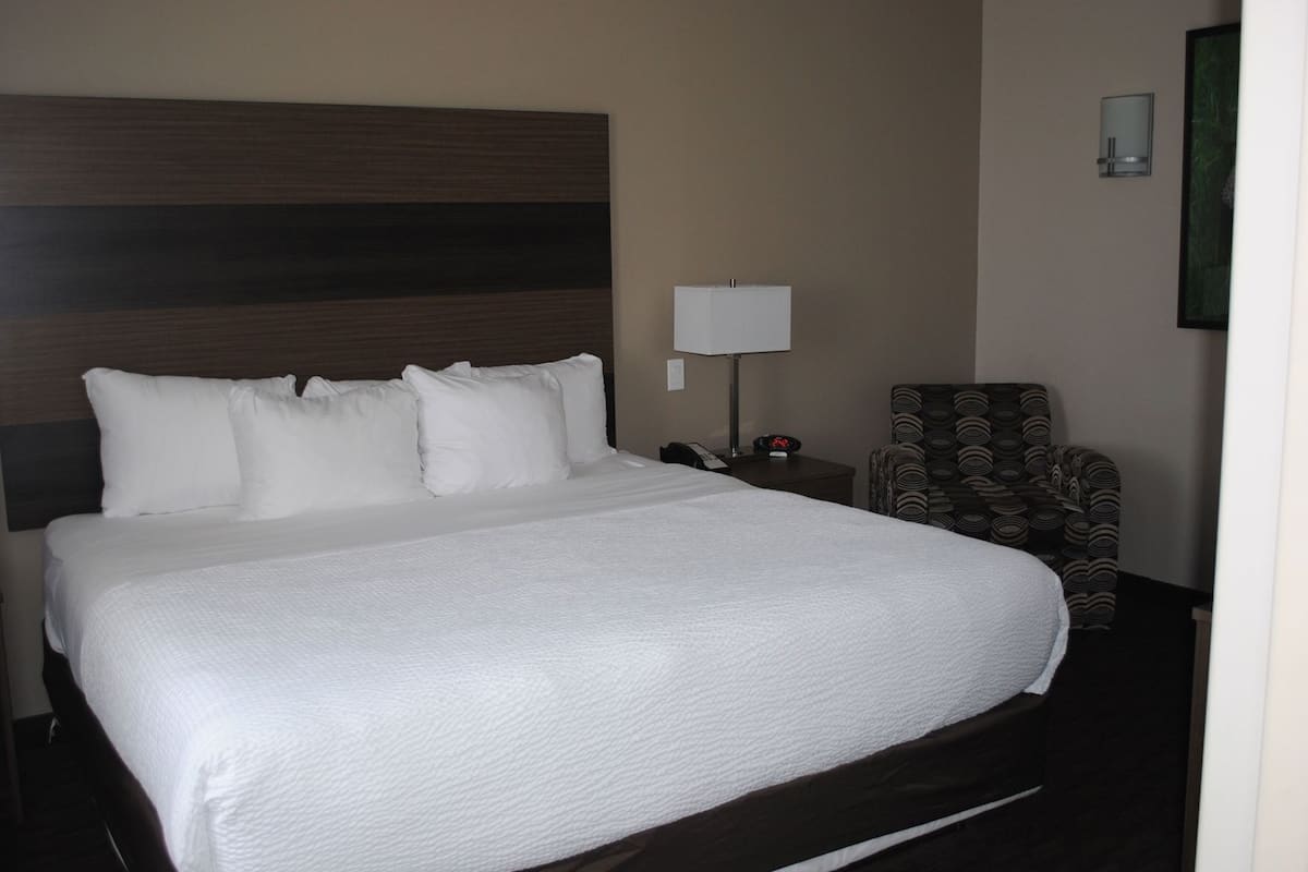 A hotel room with a large bed, a nightstand, a lamp, and a patterned armchair.
