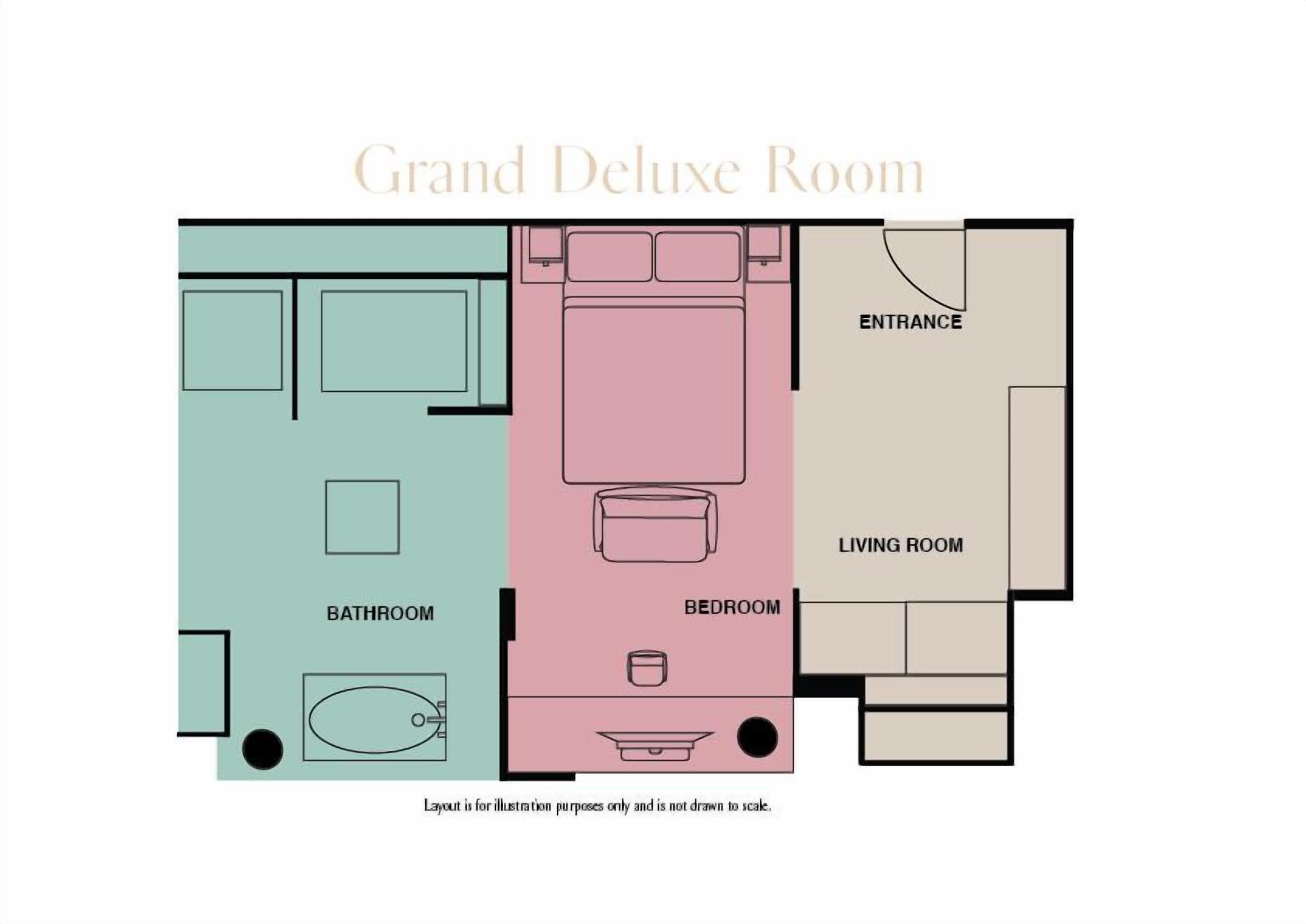 A floor plan of a Grand Deluxe Room with labeled areas: Entrance, Living Room, Bedroom, and Bathroom.