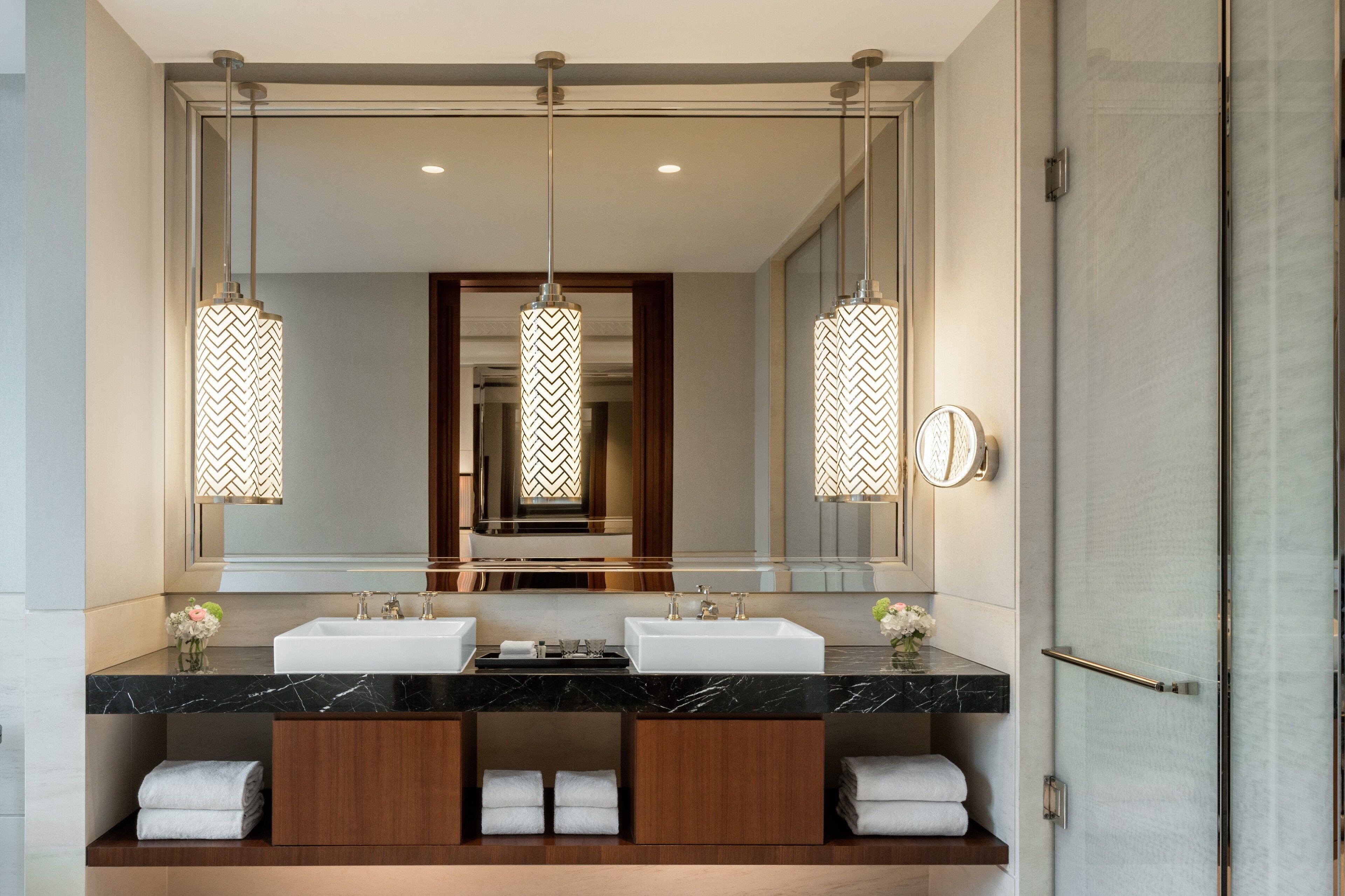 separate bathtub and shower, deep-soaking bathtub, rainfall showerhead