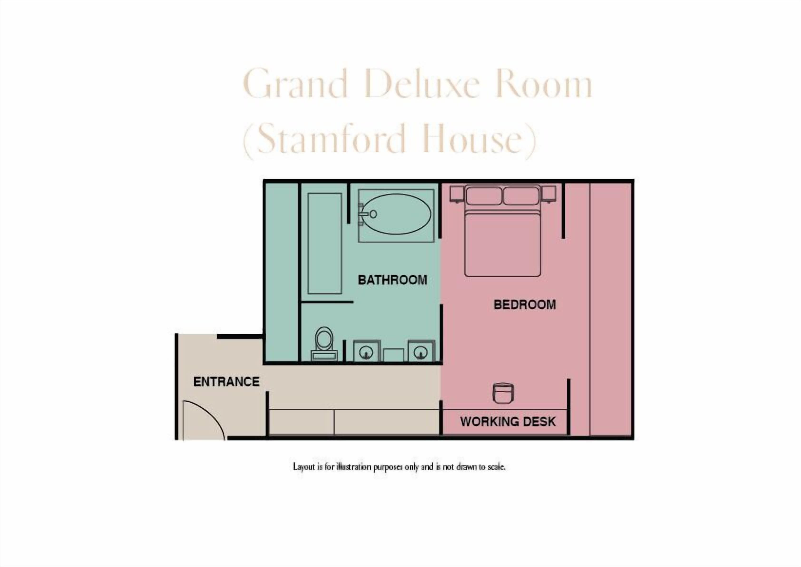 A floor plan of a Grand Deluxe Room in Stamford House, including a bathroom, bedroom, working desk, and entrance.