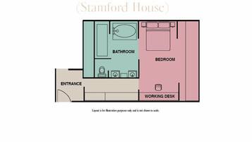 A floor plan of a Grand Deluxe Room in Stamford House, including a bathroom, bedroom, working desk, and entrance.
