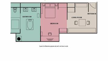 Plan d’une suite du Capitole comprenant une salle de bain, une chambre, un salon et une entrée.