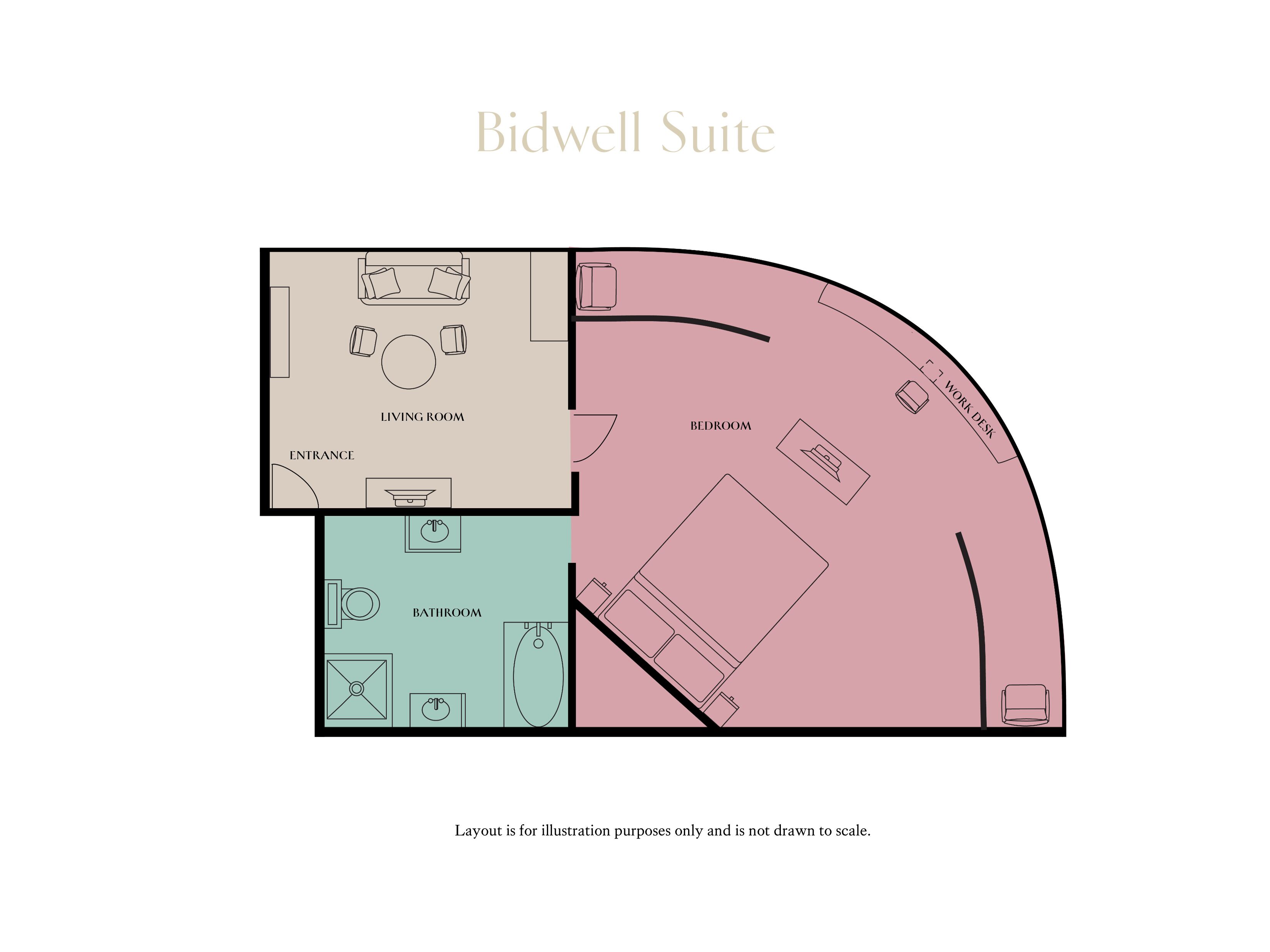 A floor plan of the Bidwell Suite with a living room, bedroom, bathroom, and entrance.
