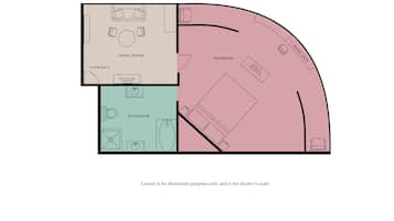 A floor plan of the Bidwell Suite with a living room, bedroom, bathroom, and entrance.