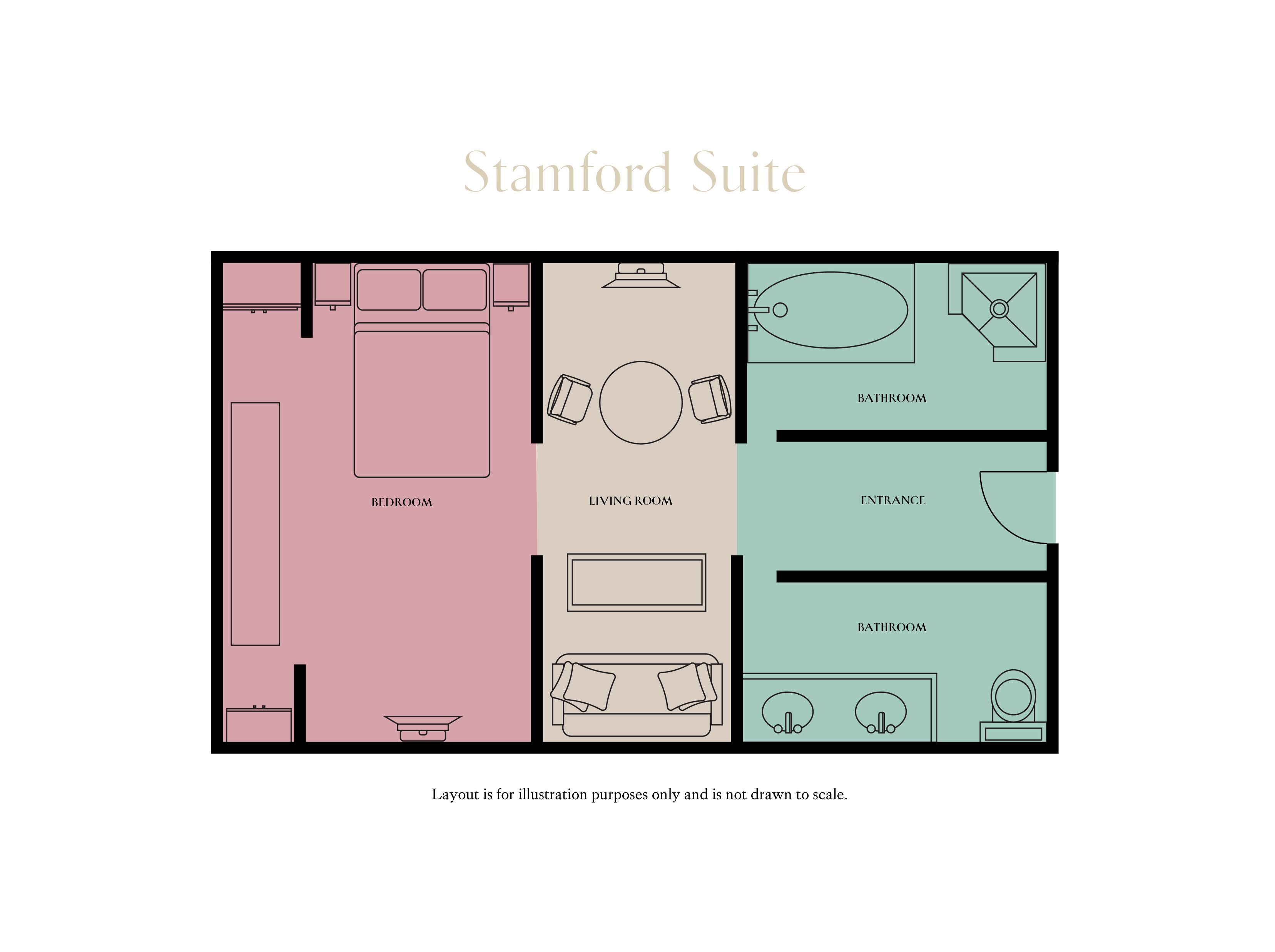 A floor plan of the Stamford Suite with a bedroom, living room, two bathrooms, and an entrance.