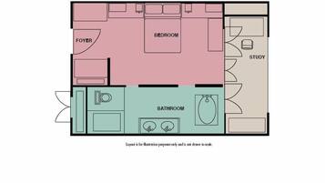 A floor plan of a terrace room with a bedroom, study, bathroom, and foyer.