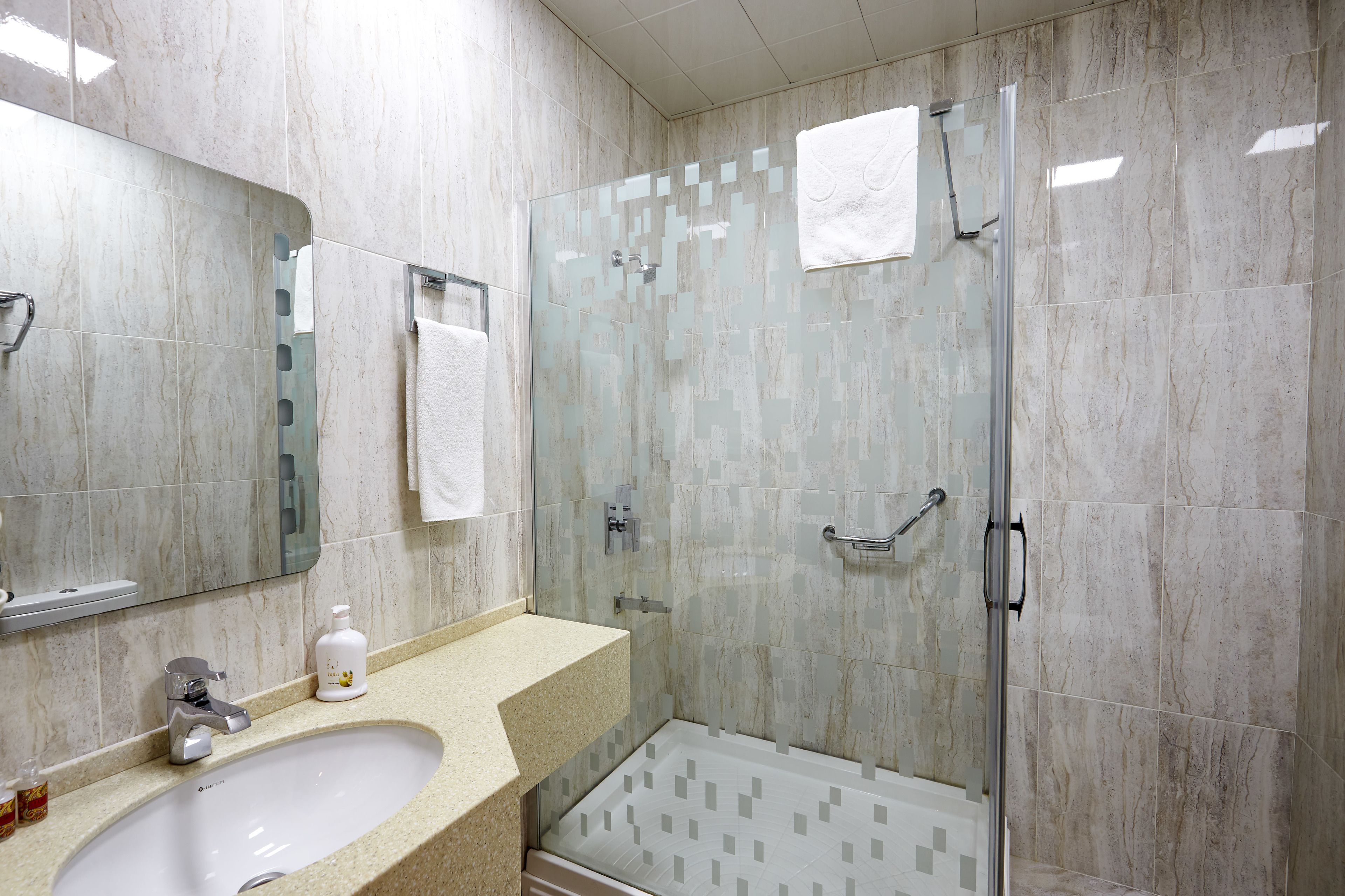 A modern bathroom with a glass shower enclosure, a sink, and a mirror.
