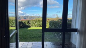 Vista a través de un ventanal a un jardín con césped, setos y un paisaje distante.