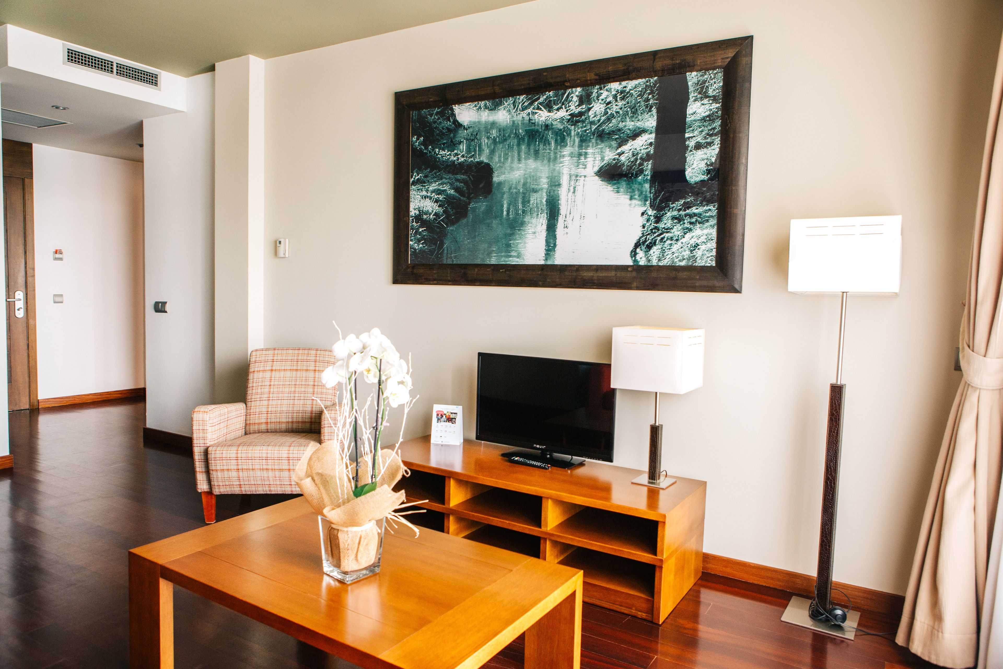Una habitación de hotel con una mesa de centro de madera, un sillón a cuadros, un televisor de pantalla plana, un cuadro enmarcado de una cascada, una lámpara de pie y una puerta que da a otra habitación.