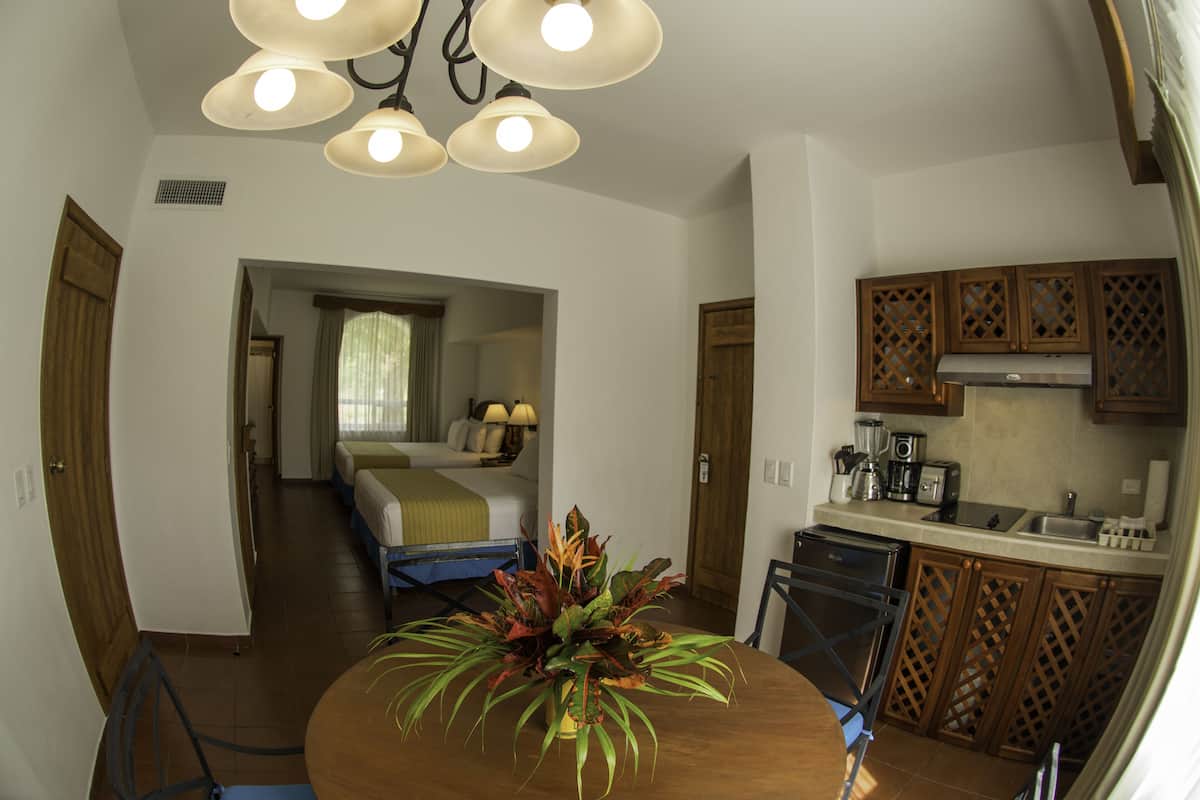 Een compacte hotelkamer met een zithoek, kitchenette en een bed met uitzicht.