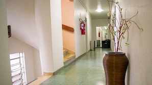 Un pasillo con un extintor montado en la pared, una planta en maceta y una escalera al fondo.