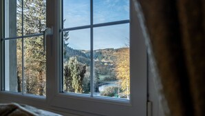 Una ventana con vistas a un paisaje boscoso y un puente.