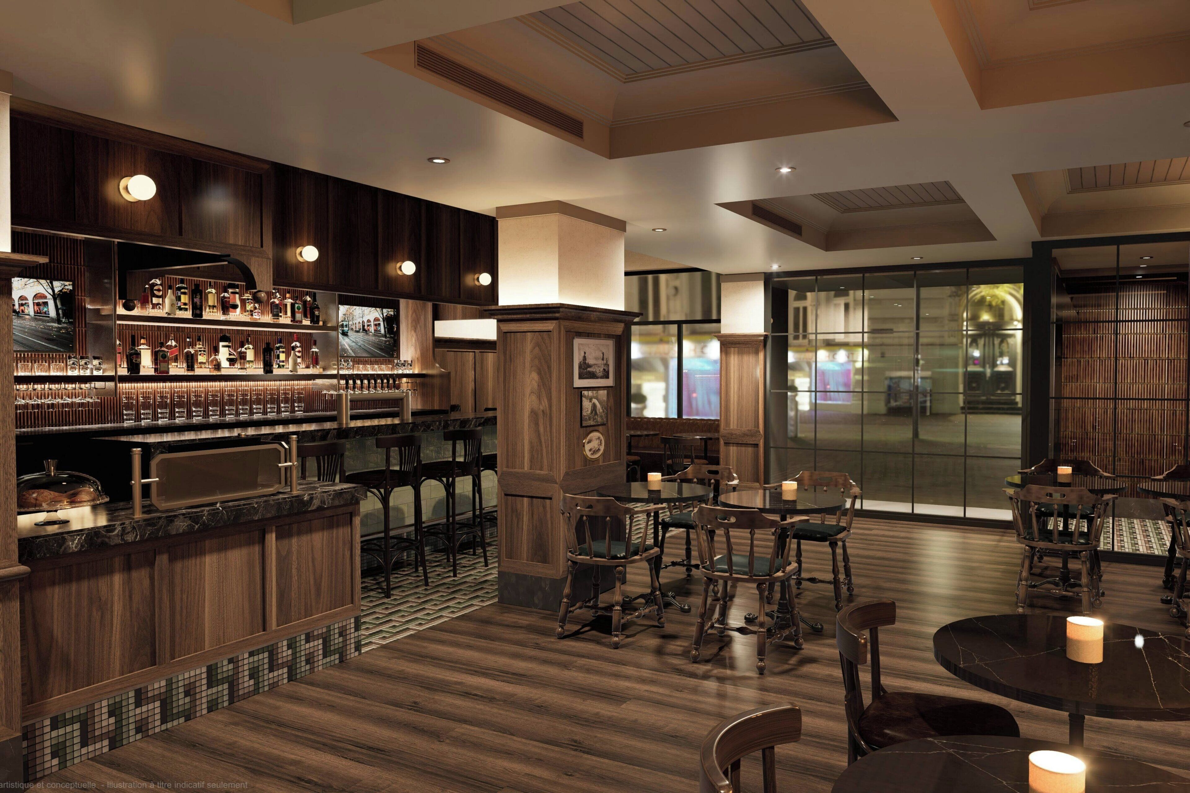 A bar area with wooden paneling, a variety of bottles, and glasses on shelves. There are multiple tables and chairs arranged for seating.