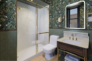 Combined shower/tub, hair dryer, towels