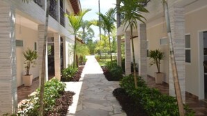 A corridor with a stone pathway, surrounded by potted plants and palm trees, leading to a building with a modern design.