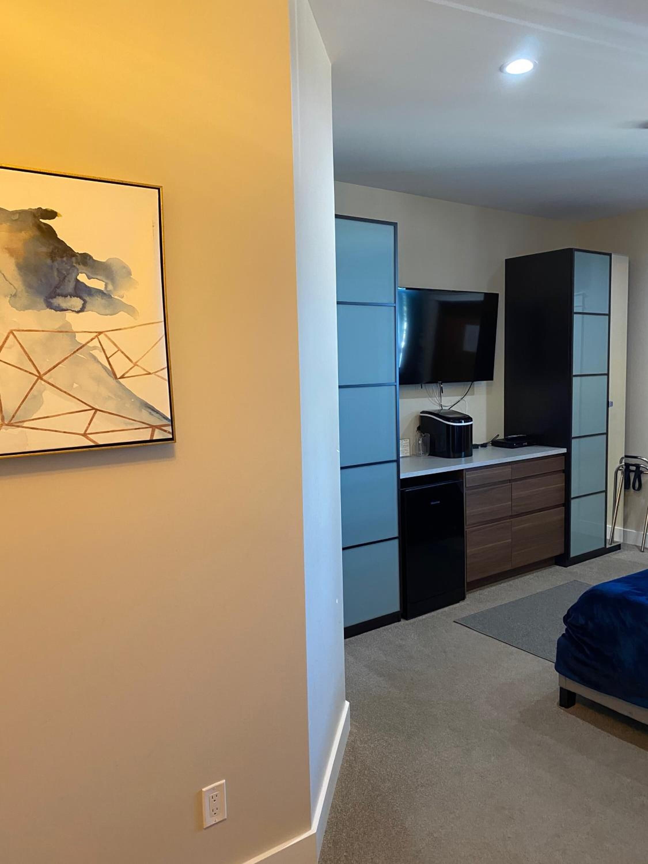 A bedroom with a bed, a dresser, a television, and a painting on the wall.