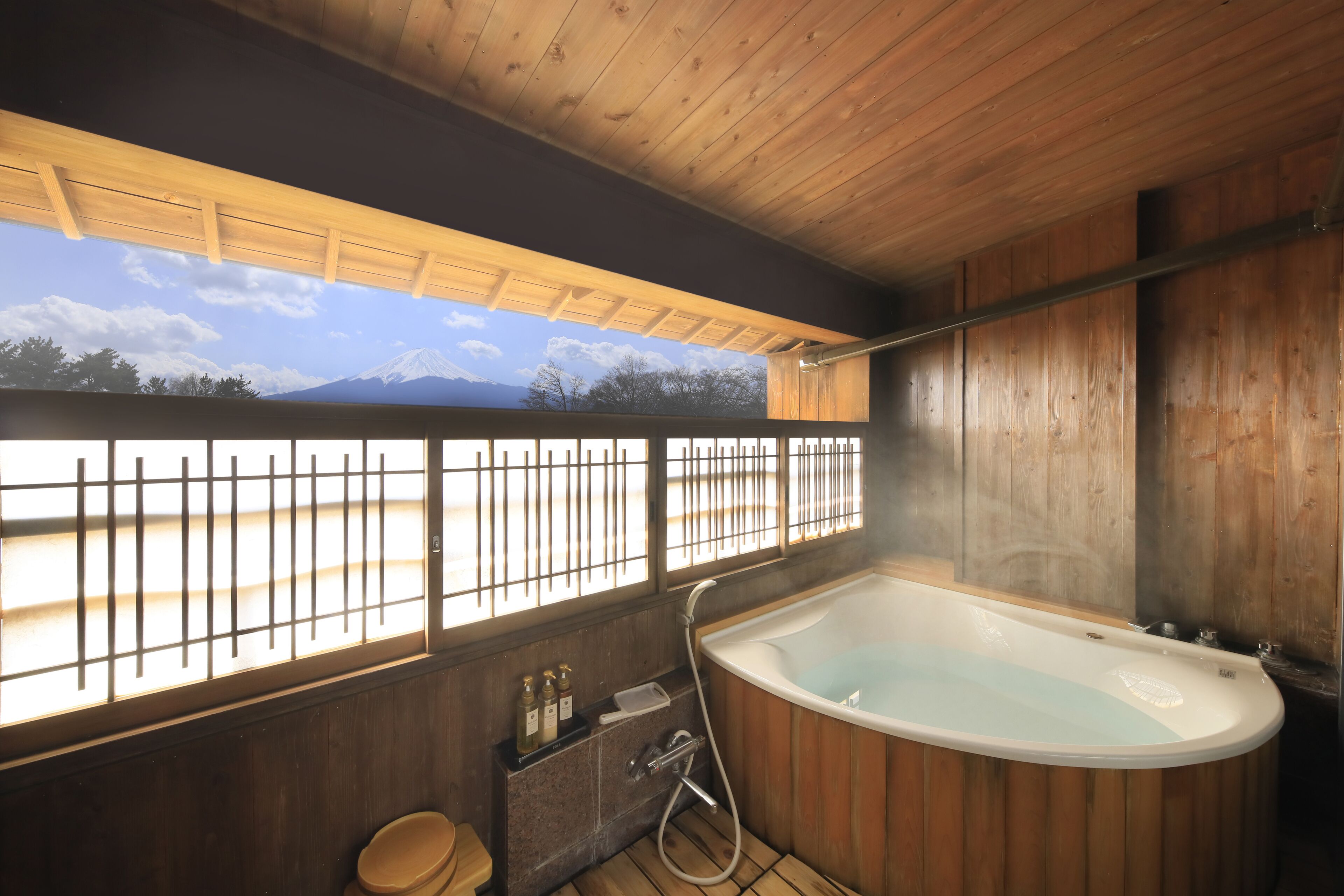 japanese twin room with open air bath,  (mt.fuji view) | bathroom | free toiletries, hair dryer, slippers, electronic bidet