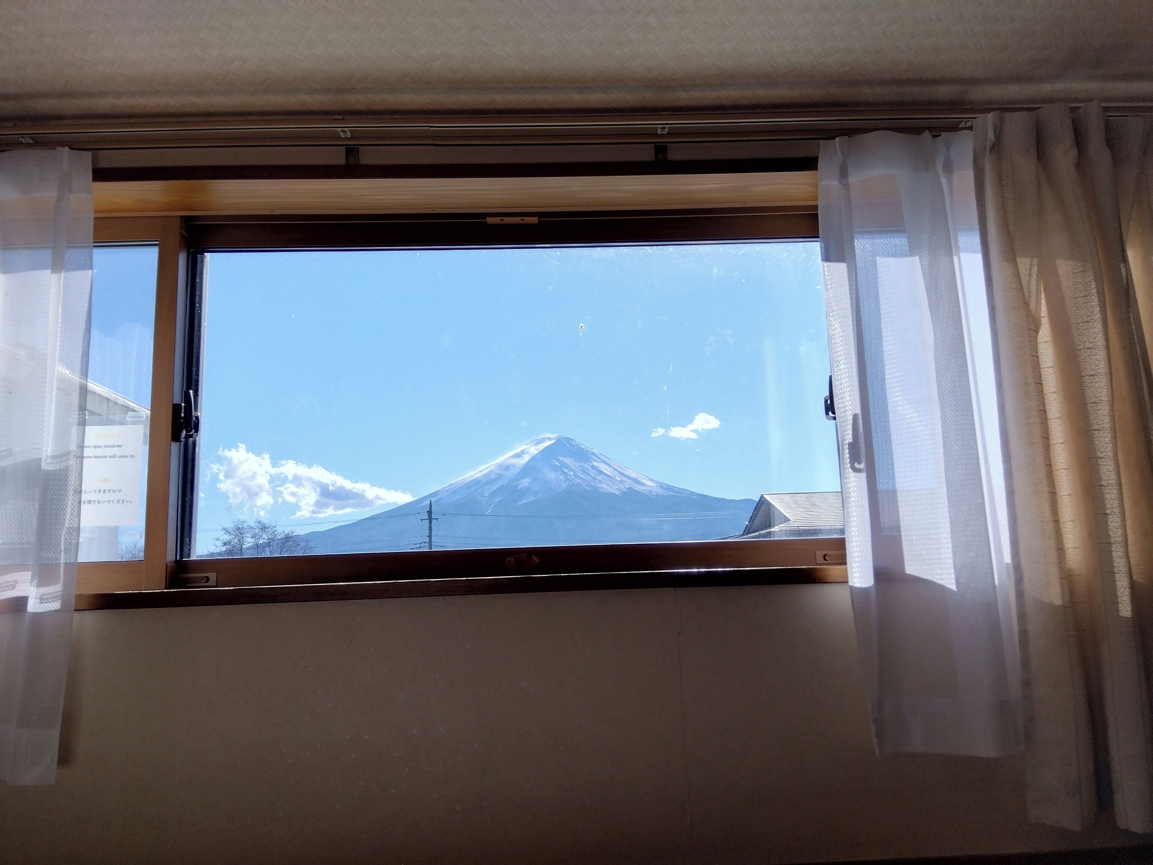 A window with curtains, a view of a mountain, and a power line.
