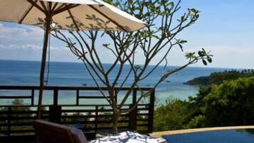 Outdoor pool, pool umbrellas, pool loungers