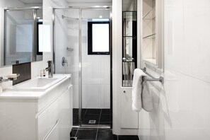 Douche, articles de toilette griffés, séchoir à cheveux