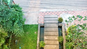 Pequeño jardín cercado con un sendero de hormigón que lleva a una puerta, rodeado de plantas variadas y un muro de azulejos.