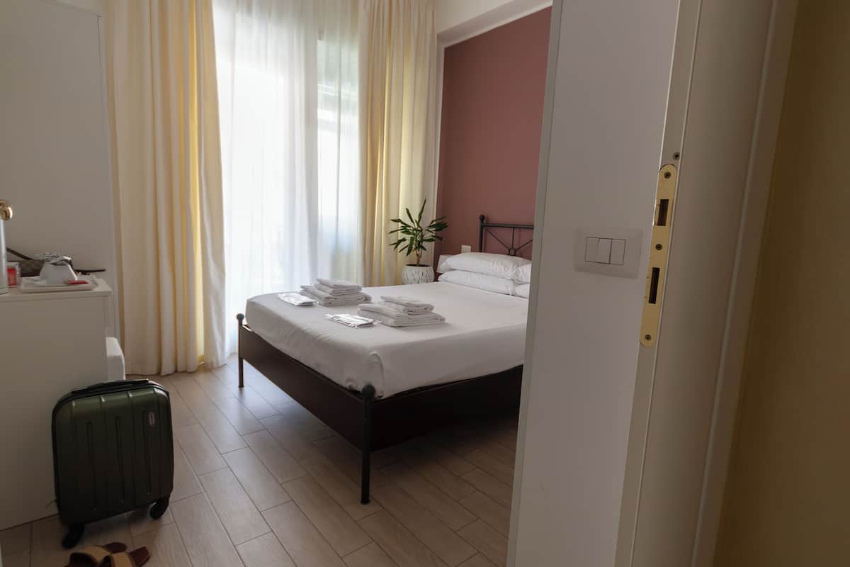 A hotel room with a bed, a desk, a suitcase, and a potted plant.