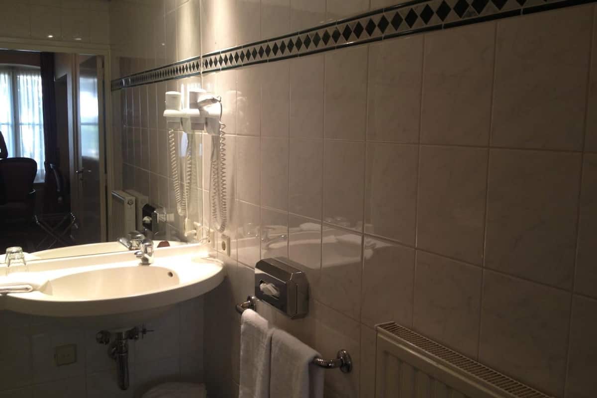 combined shower/bathtub, free toiletries, hair dryer, towels