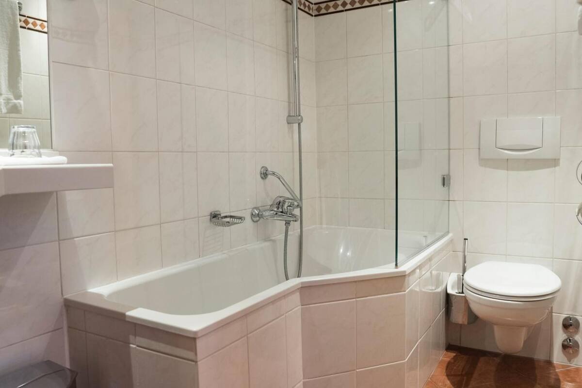 combined shower/bathtub, free toiletries, hair dryer, towels