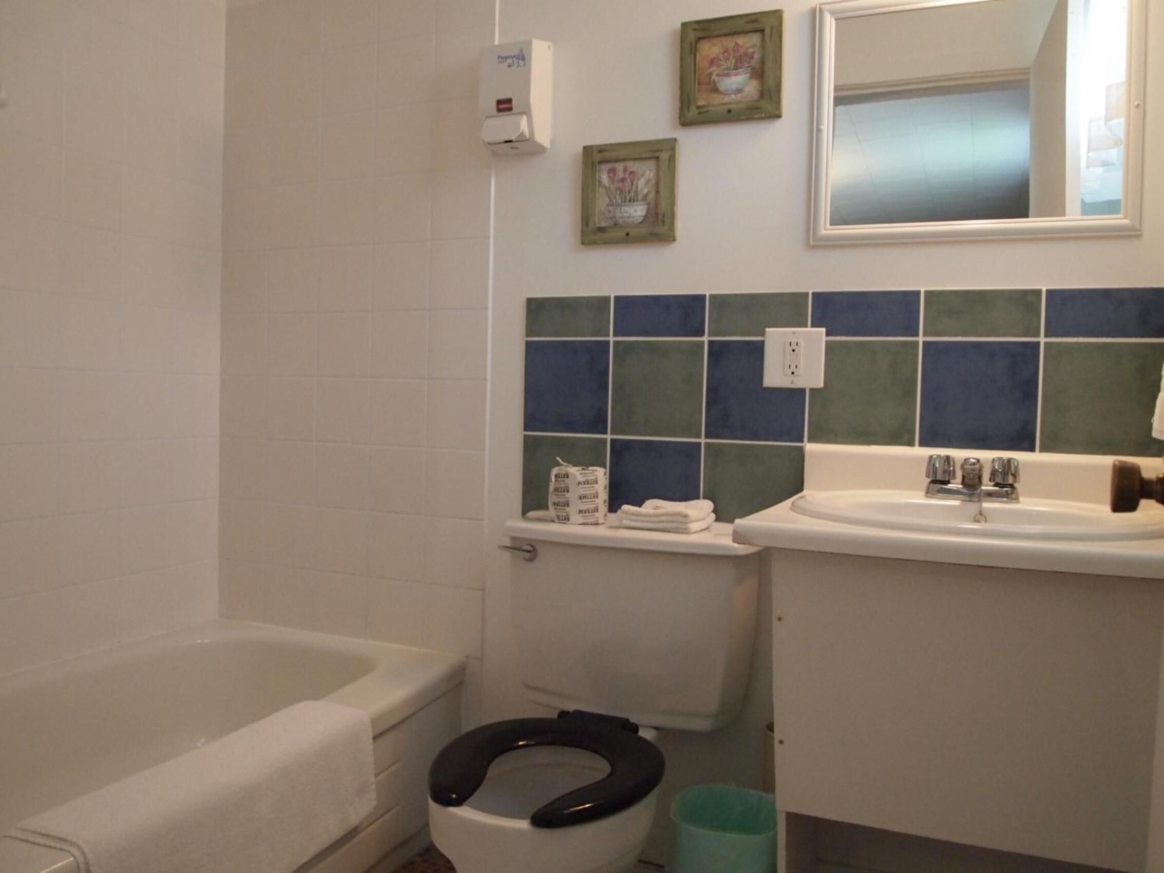 Une salle de bain équipée d’une baignoire, de toilettes, d’un lavabo et d’un miroir.
