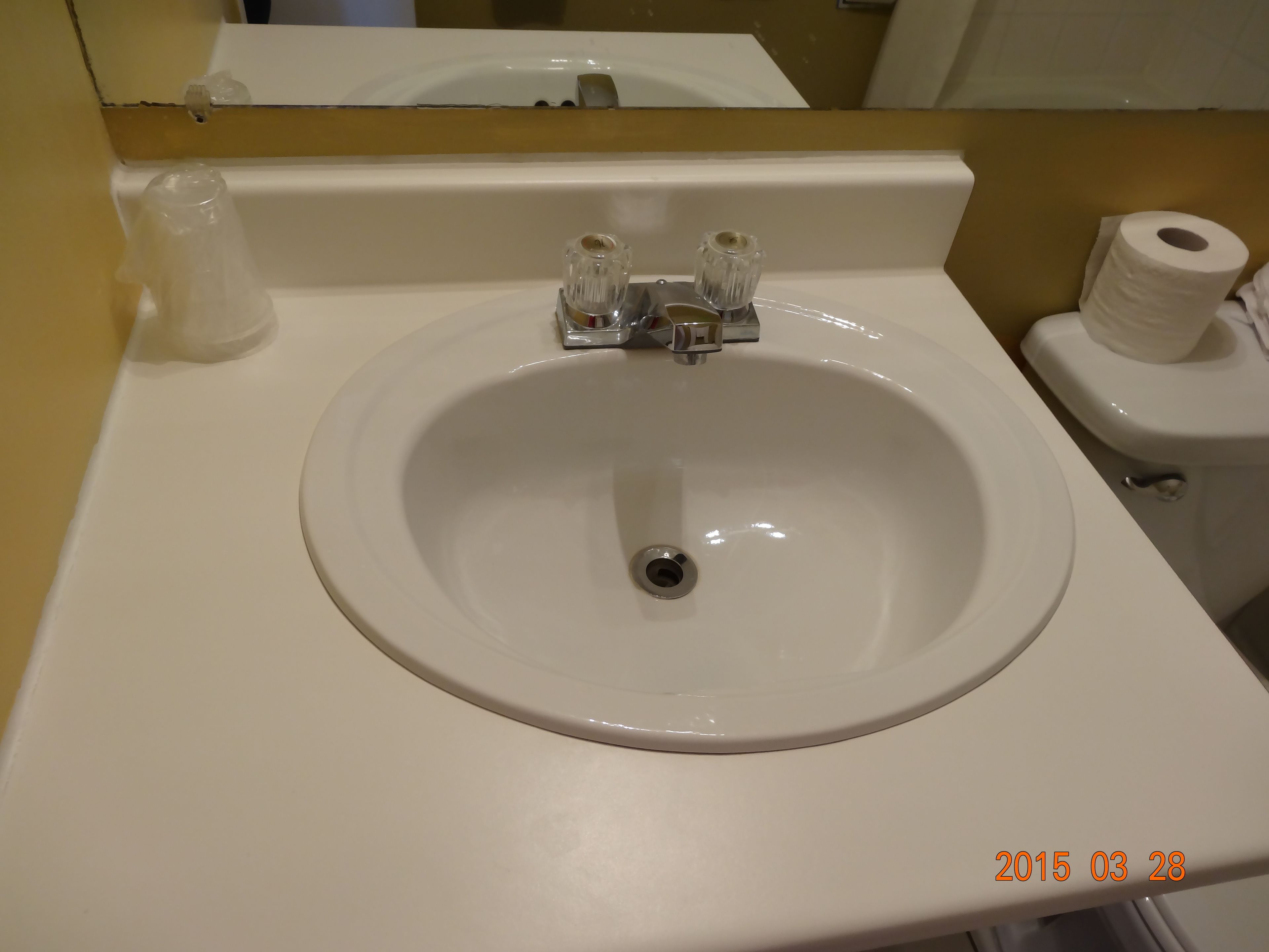 A bathroom sink with a mirror above it, a toilet with a toilet paper holder, and a bottle of hand soap.