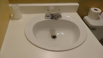 A bathroom sink with a mirror above it, a toilet with a toilet paper holder, and a bottle of hand soap.
