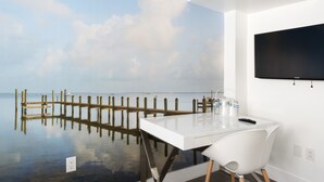 Une chambre moderne avec un bureau blanc, une chaise, un téléviseur à écran plat fixé au mur et une vue sur la mer par une grande fenêtre.