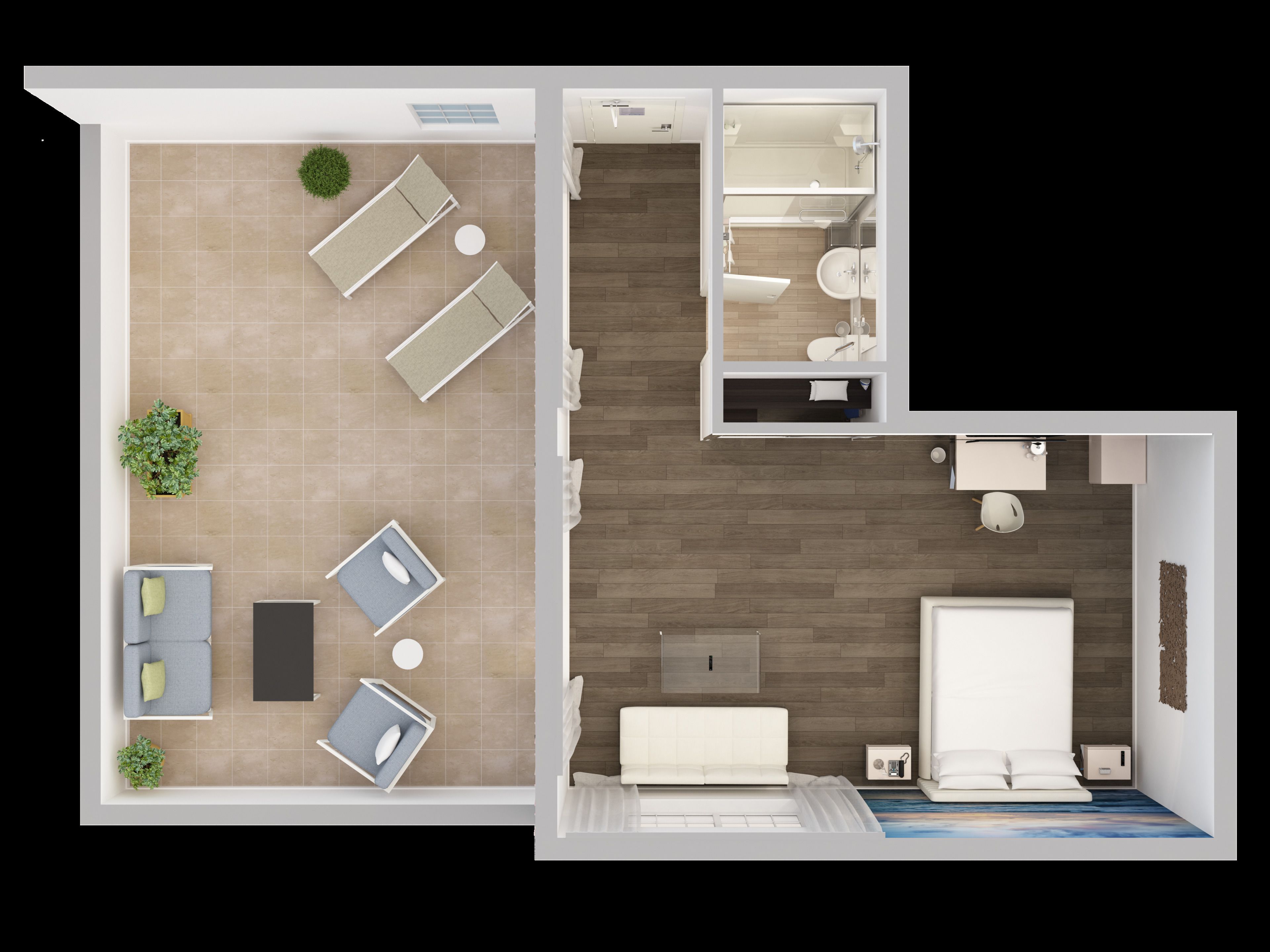 Un aménagement moderne pour une chambre d’hôtel, comprenant un lit, un coin salon et une salle de bain.