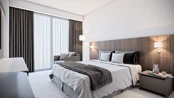 Szoba két külön ággyal | Széf a szobában, íróasztal és laptophoz jól használható munkafelület