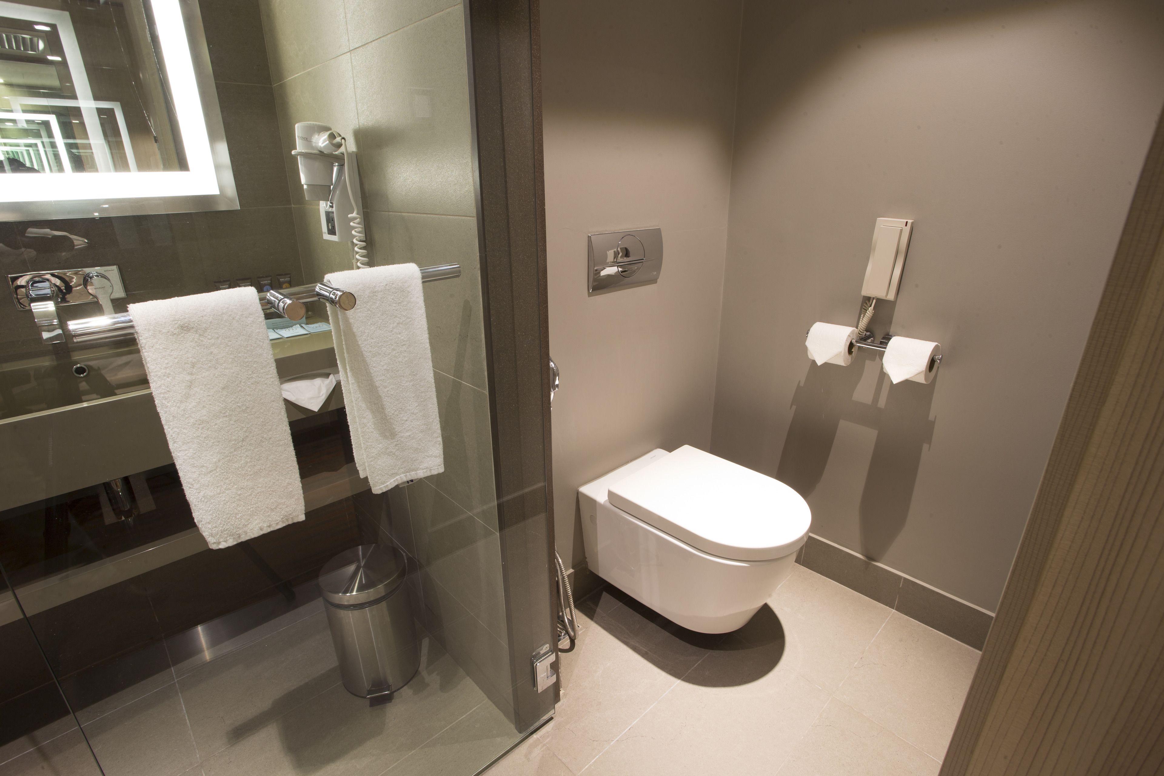 A modern bathroom with a glass shower enclosure, a toilet, and a sink with a mirror.
