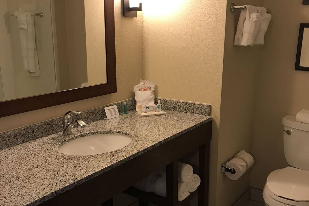 Un baño con encimera de granito, dos lavamanos, un espejo, un perchero y un inodoro.