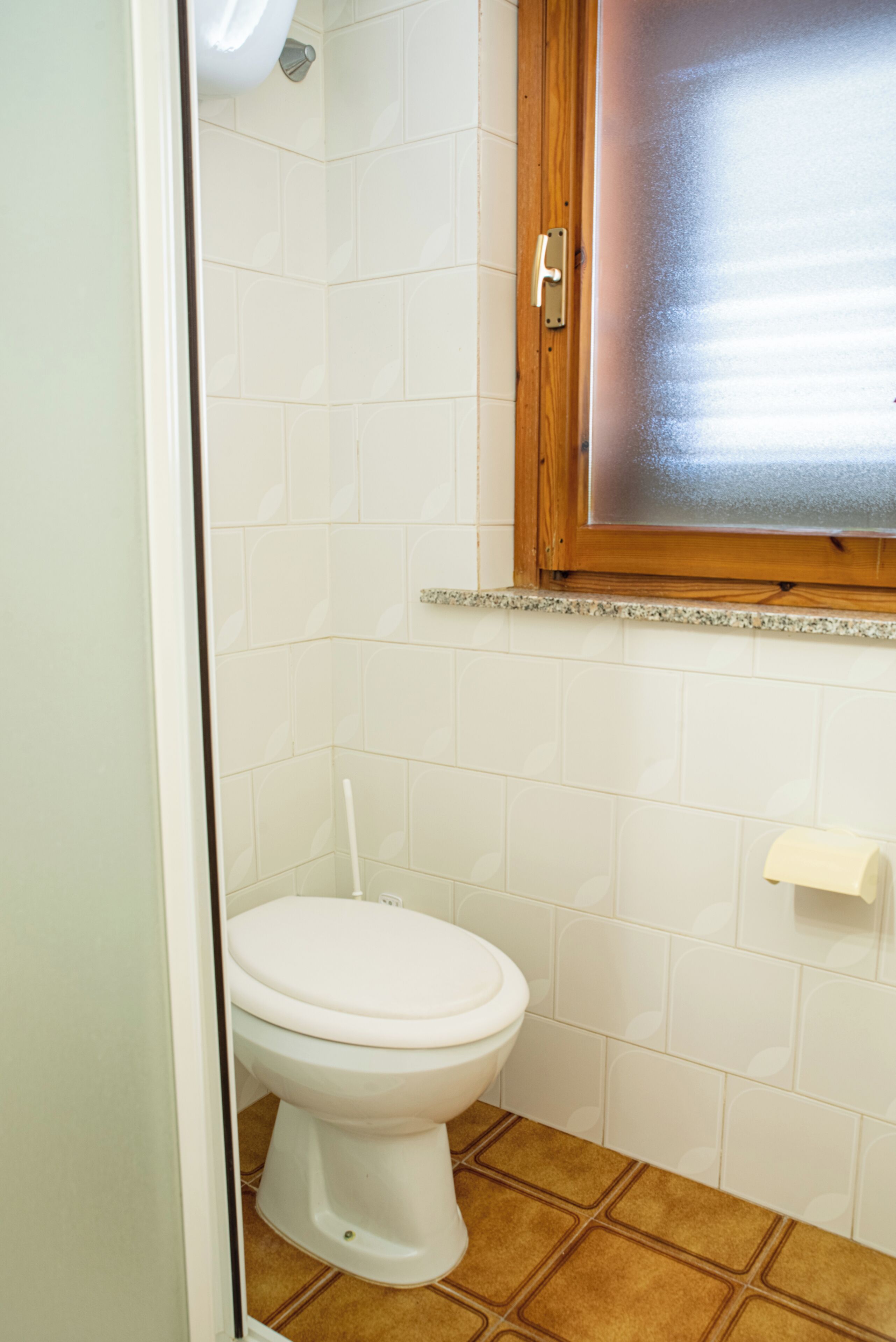 Ein Badezimmer mit Toilette, einem Holzkabinent mit Milchglasschrank und einer Toilettenpapierrolle an der Wand.
