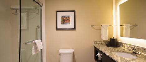 A bathroom with a glass shower enclosure, a toilet, a sink with a granite countertop, and a framed artwork on the wall.