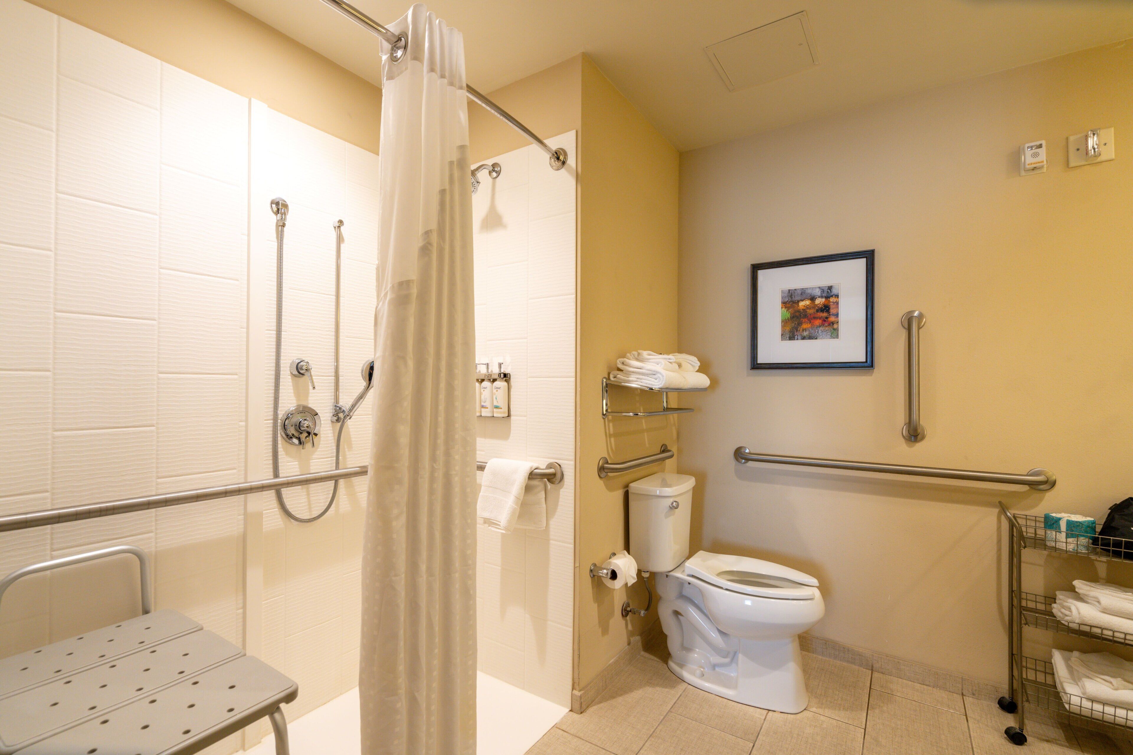 A bathroom with a shower, toilet, grab bars, and a wheelchair-accessible bench.