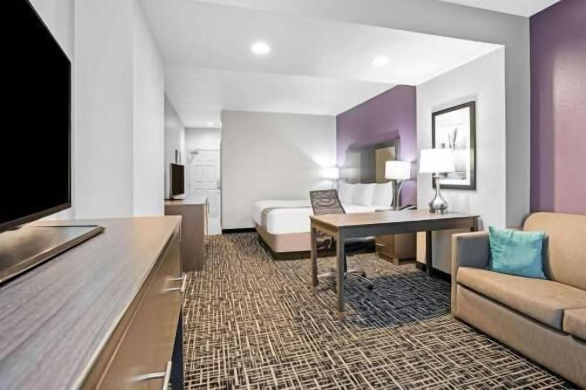 Une chambre d’hôtel avec un lit, un bureau, une télévision, un canapé et une moquette à motifs.