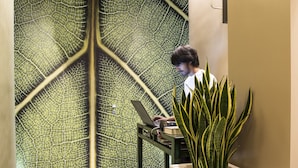 A hallway with a wooden floor, a large potted plant, a desk with a laptop, and a wall with a green leaf pattern. - Serendipity Rooms (Milan)