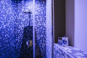 Shower, rainfall showerhead, free toiletries, hair dryer