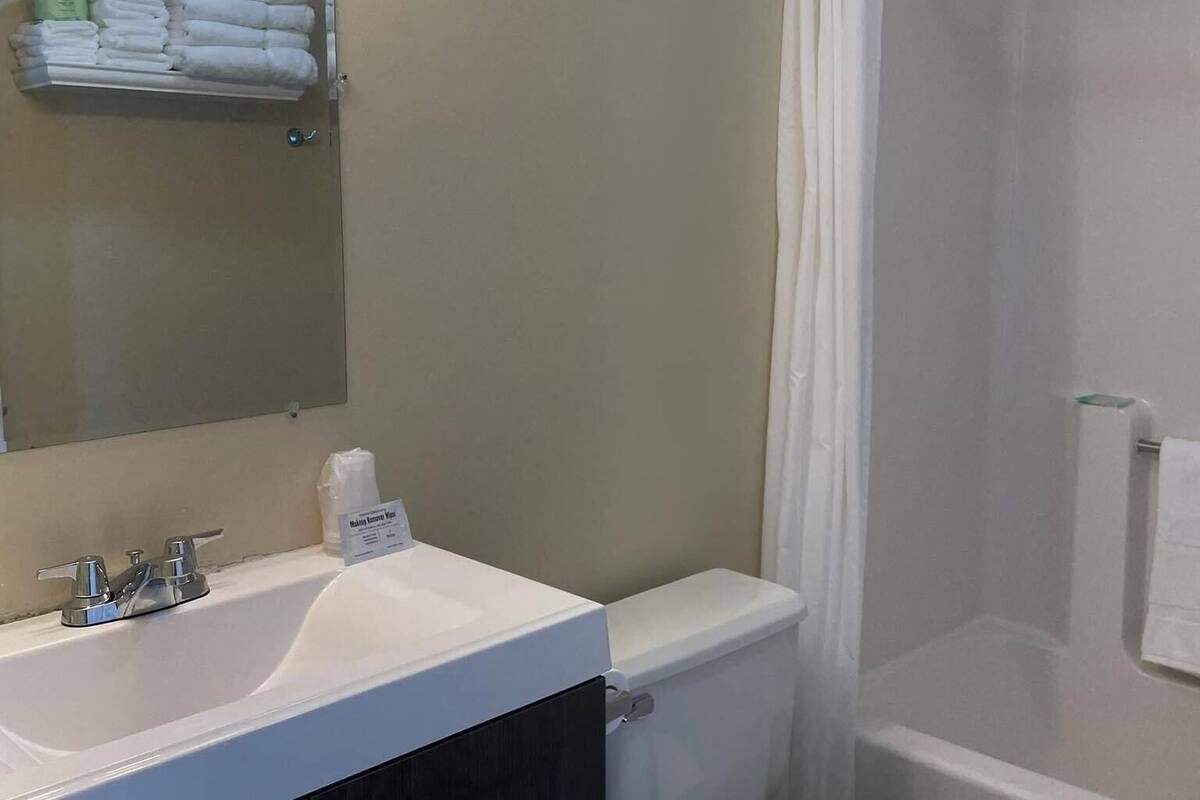 A bathroom with a white sink, mirror, and vanity, a toilet, and a shower area.