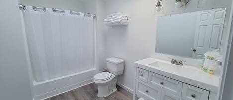A modern bathroom with a shower, toilet, vanity, and a large mirror.
