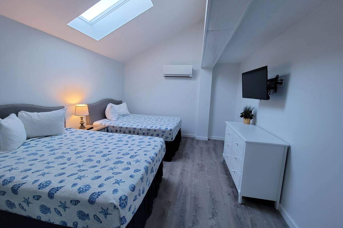 A bedroom with two beds, a desk, a TV, and a skylight.