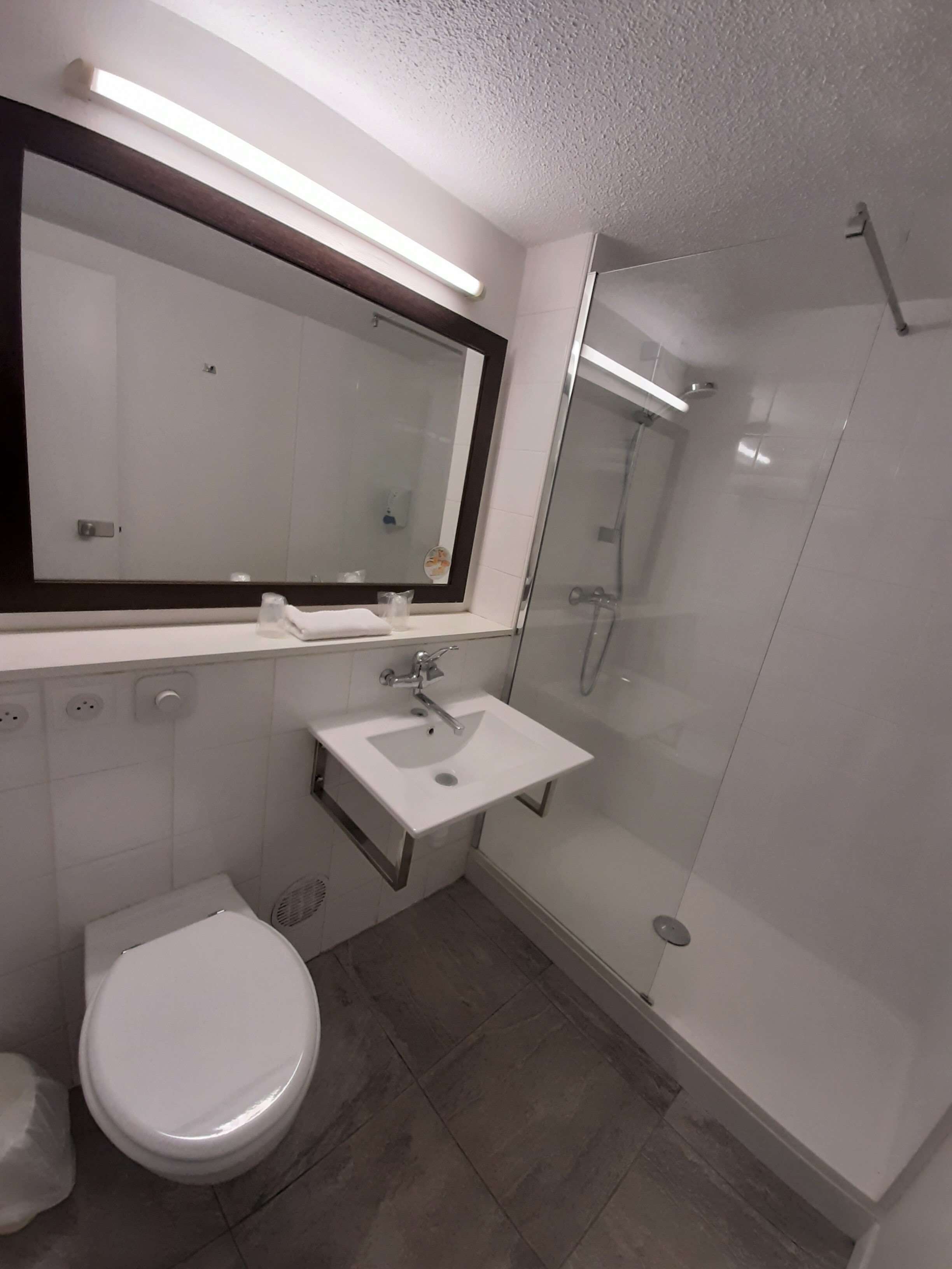 A modern bathroom with a white sink, a large mirror, a toilet, and a glass-enclosed shower.