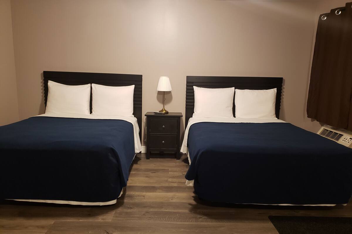A hotel room with two beds, each with a dark blue bedspread and white pillows, a small bedside table with a lamp, and a heater on the floor.