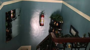 A staircase with a wooden handrail, a blue wall, a chandelier, a fire extinguisher, and a small plant on the wall.