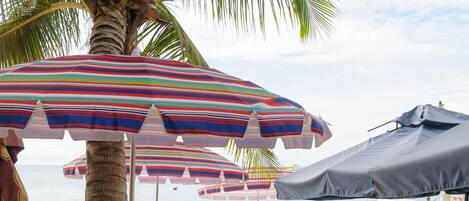 A beachside restaurant with outdoor seating, palm trees, and a view of the sea.