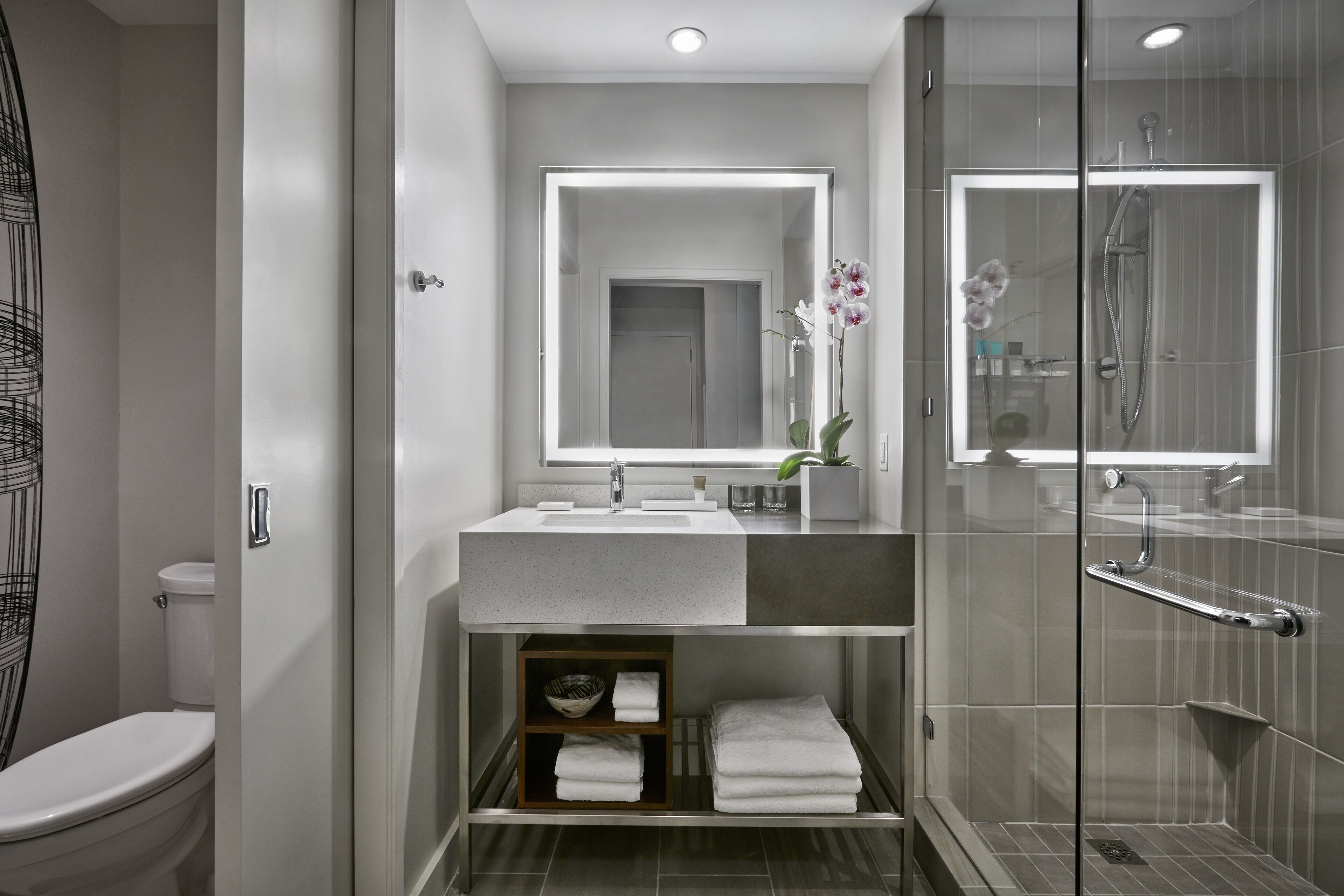 A modern bathroom with a glass shower enclosure, a vanity with a mirror, and a toilet.